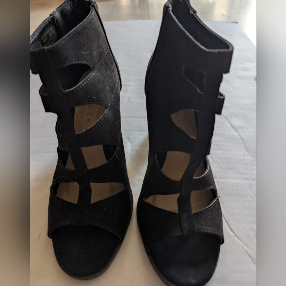 Metaphor Black Open Toe Ankle Zipper Back Heeled Boots Sz 5.5